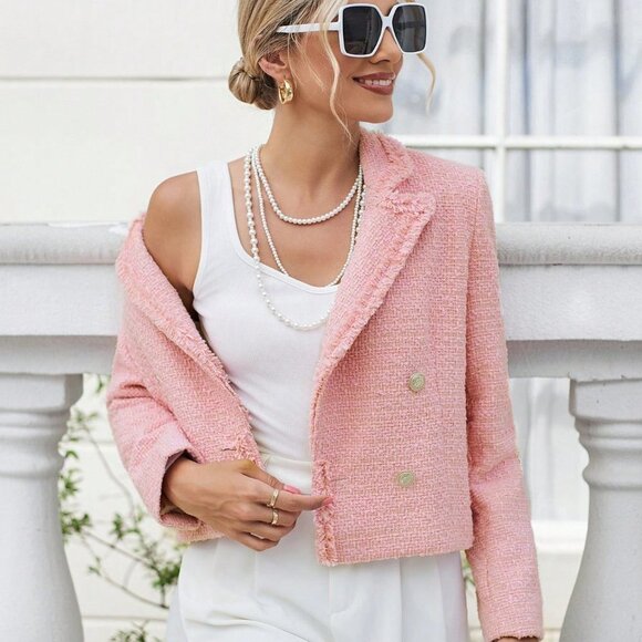 Pink Preppy Womens Double Breasted Fringe Trimmed Crop Tweed Overcoat - Picture 4 of 5